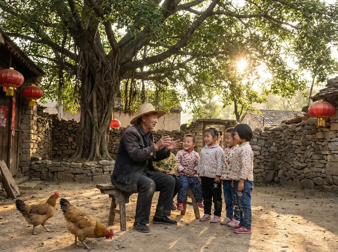 老人在大榕树下给孩子们讲故事 - 龙之谷哪个职业好 乡村记忆